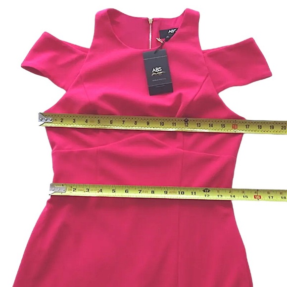 $320 ABS Allen Schwartz Shoulder Cut Out Gown Medium Pink Formal Deep Front Slit - Picture 6 of 15